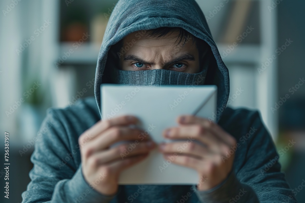 An employee in the office holding a tablet while wearing a hoodie.