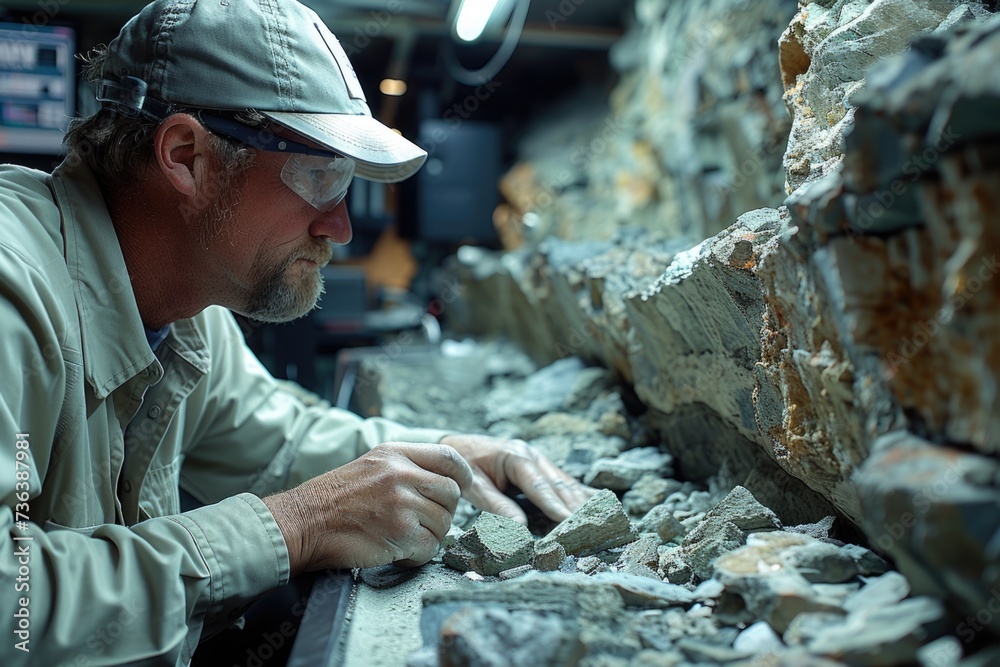 An elder male geologist with a beard meticulously inspects a rock ...