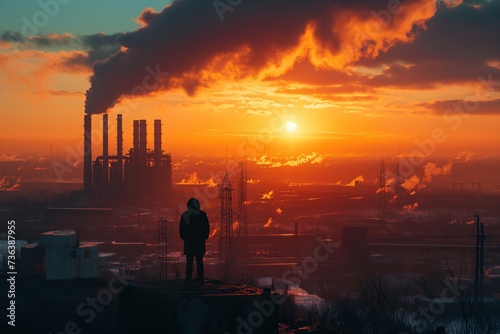 A person standing on top of a hill observing the sun as it sets on the horizon.