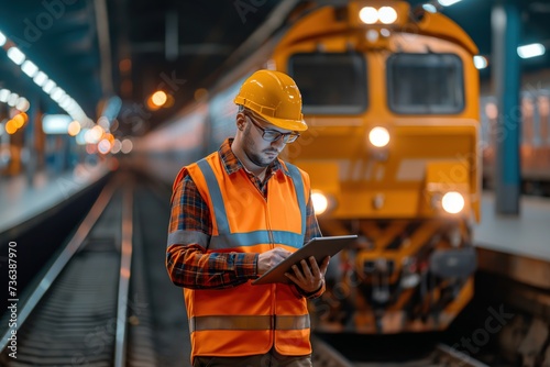 A railway engineer wearing an orange safety vest stands next to a train, actively monitoring and analyzing data. photo