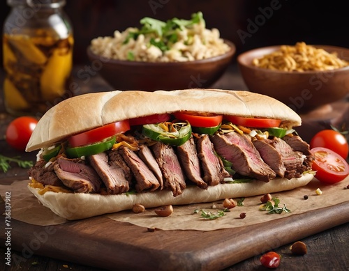 fresh grilled beef turkish or chicken arabic shawarma doner sandwich with flying ingredients and spices hot ready to serve and eat food commercial advertisement menu banner with copy space area.