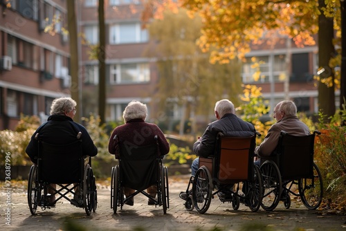 A group of elderly individuals sit in wheelchairs at a residence for the third age. © Joaquin Corbalan