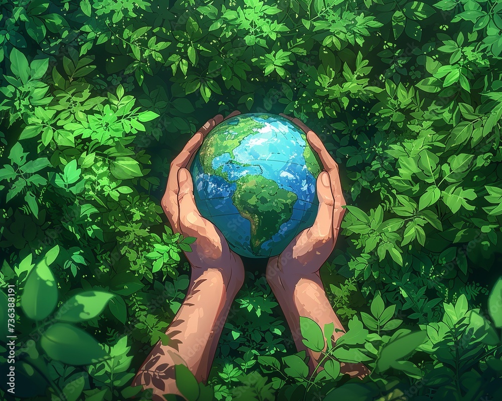 Caring Hands Hold a Gleaming Globe Over a Lush Forest Floor Caring Hands Hold a Gleaming Globe Over a Lush Forest Floor