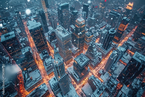 This photo showcases a snow-covered city at night, as seen from above, Aerial view of a winter-encased city with lit skyscrapers, AI Generated