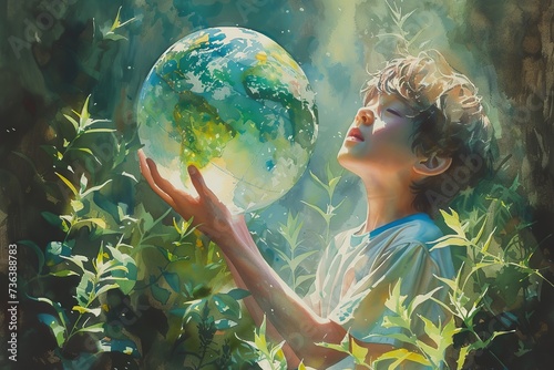 Young Visionary with Globe Amidst Nature's Embrace - Earth Day Inspiration
