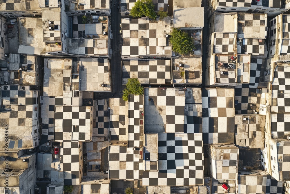 This photo captures an expansive aerial view of a bustling cityscape showcasing a multitude of towering skyscrapers and buildings, Aerial view of city blocks patterned like a chessboard, AI Generated This photo captures an expansive aerial view of a bustling cityscape showcasing a multitude of towering skyscrapers and buildings, Aerial view of city blocks patterned like a chessboard, AI Generated