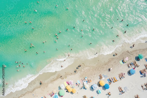 A bustling beach scene filled with numerous individuals and colorful umbrellas enjoying the sun, sand, and sea, Aerial view of sunbathers lounging on Miami Beach, AI Generated
