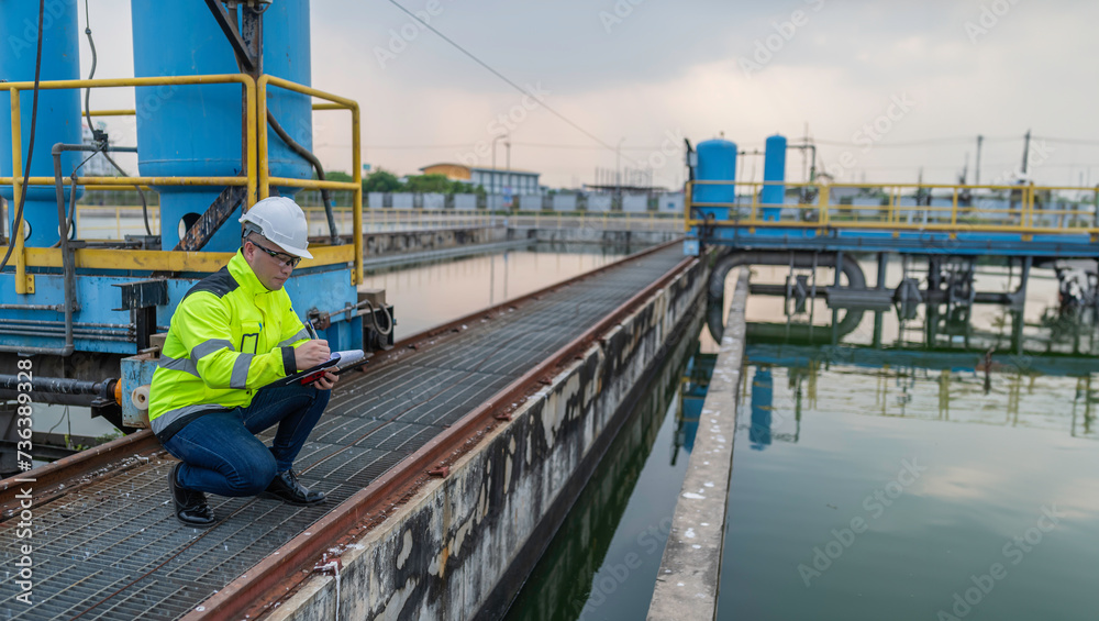 Naklejka premium Environmental engineers work at wastewater treatment plants,Water supply engineering working at Water recycling plant for reuse