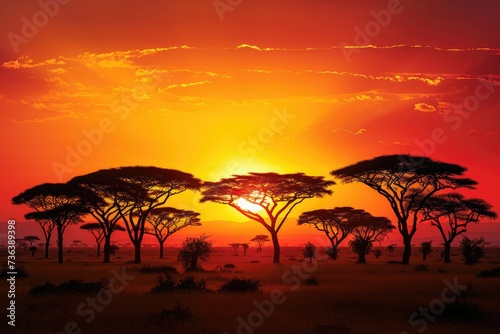 A group of trees  with their branches reaching towards the sky  stand tall amidst a green grassy landscape  African savanna at sunset with silhouettes of trees  AI Generated