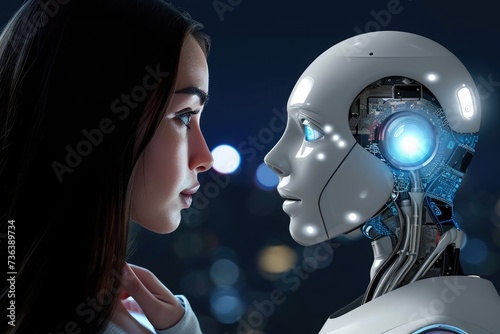 A woman focuses intently as she examines a robot in the darkness, AI chatbot as a virtual therapist, AI Generated