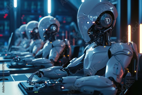 A row of robots in various colors and designs sits upright on a desk, AI robots working in a futuristic IT lab, AI Generated