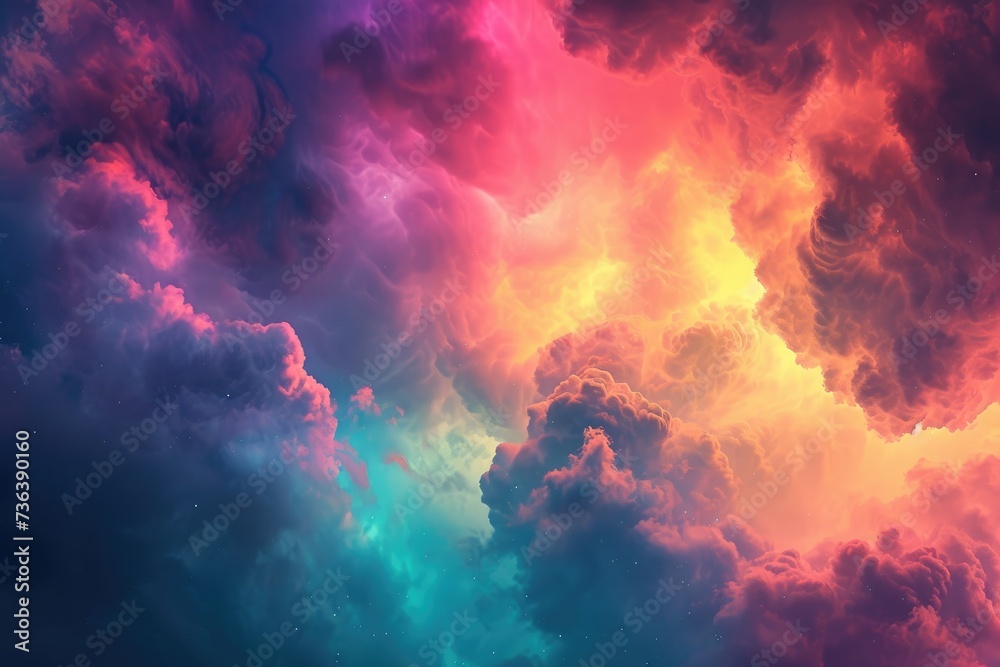 The photo captures a colorful sky filled with numerous clouds, creating a vibrant and dynamic scene, Aluring cosmic cloudscape drenched in vibrant hues, AI Generated - obrazy, fototapety, plakaty 