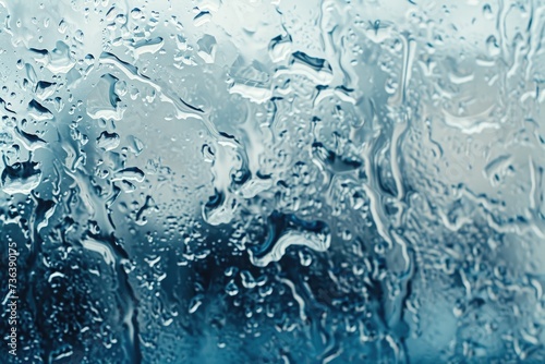 A detailed view of rain droplets accumulating on the surface of a window, reflecting the surrounding environment, Amorphous blobs in cooler tones suggesting raindrops on a window, AI Generated