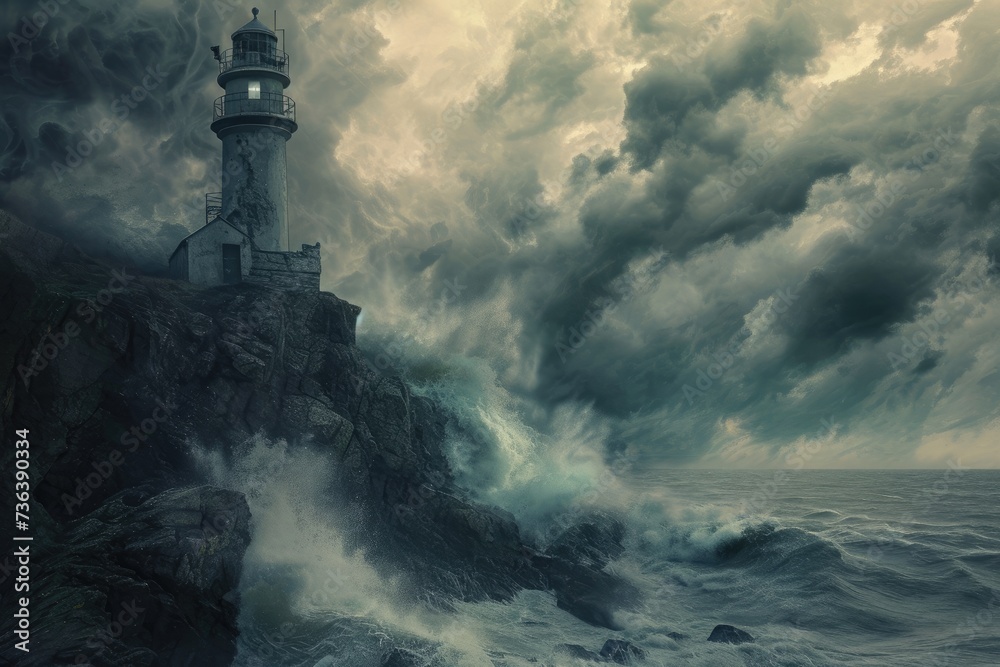 A sturdy lighthouse stands tall amidst crashing waves and dark storm clouds, bravely guiding ships through treacherous waters, An abandoned lighthouse on a cliff in a stormy sea, AI Generated