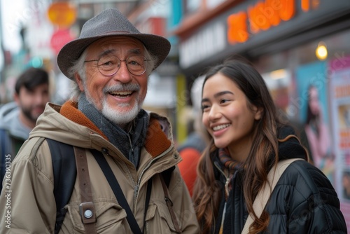 An elderly man and a young woman smiling on a busy street.