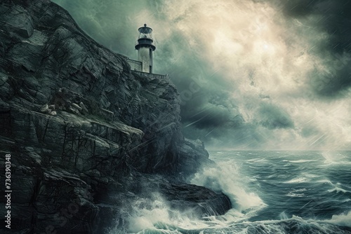 A sturdy lighthouse perched atop a rugged cliff, providing a guiding light to ships navigating the vast ocean, An abandoned lighthouse on a cliff in a stormy sea, AI Generated