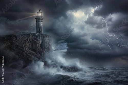 A lighthouse stands strong amidst the turbulent waves and ferocious winds of a powerful storm at sea, An abandoned lighthouse on a cliff in a stormy sea, AI Generated
