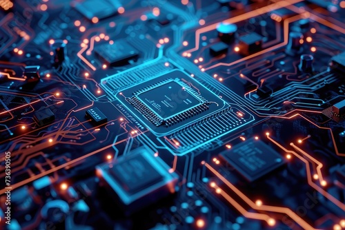 Close-Up View of a Computer Circuit Board With Integrated Components, An abstract background of microchips and circuit lines, AI Generated