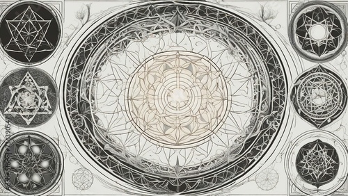 vintage engraving _A sacred geometry set with nine figures and illustrations. The set has a white background  