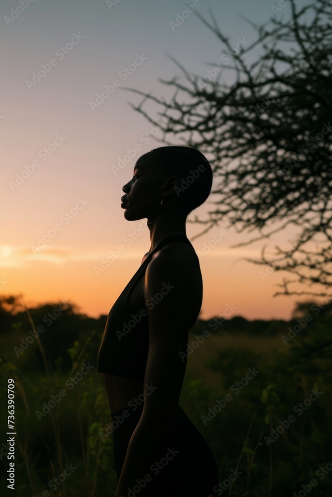 Silhouetted Woman Against Dusk Sky in Serengeti, Symbolizing Peace and Natural Beauty in the Wilderness
