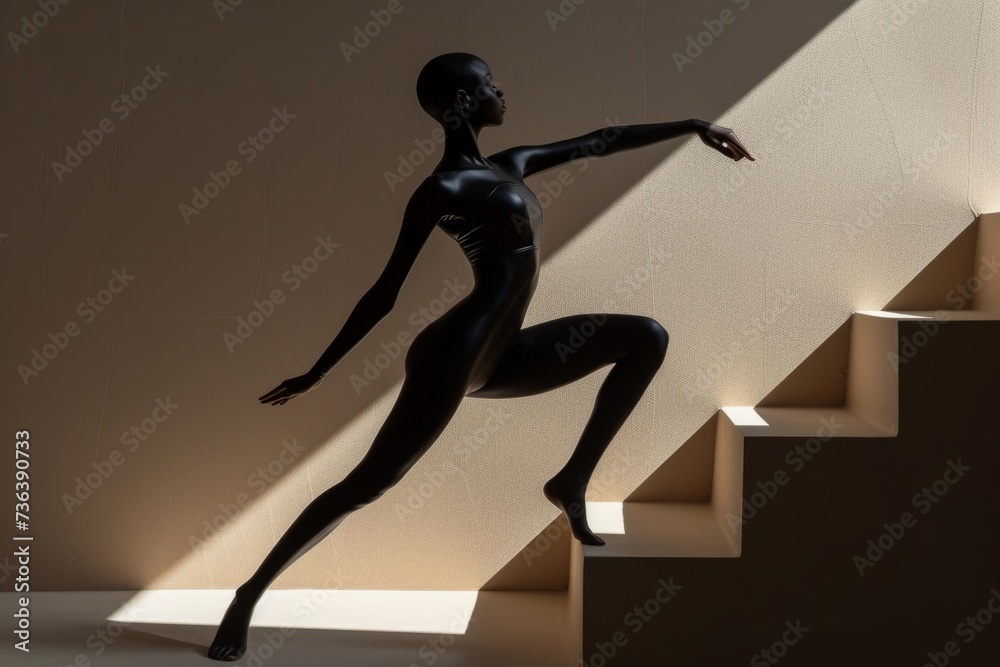 Dramatic silhouette of a woman stretching with geometric shadows, abstract fitness and flexibility concept