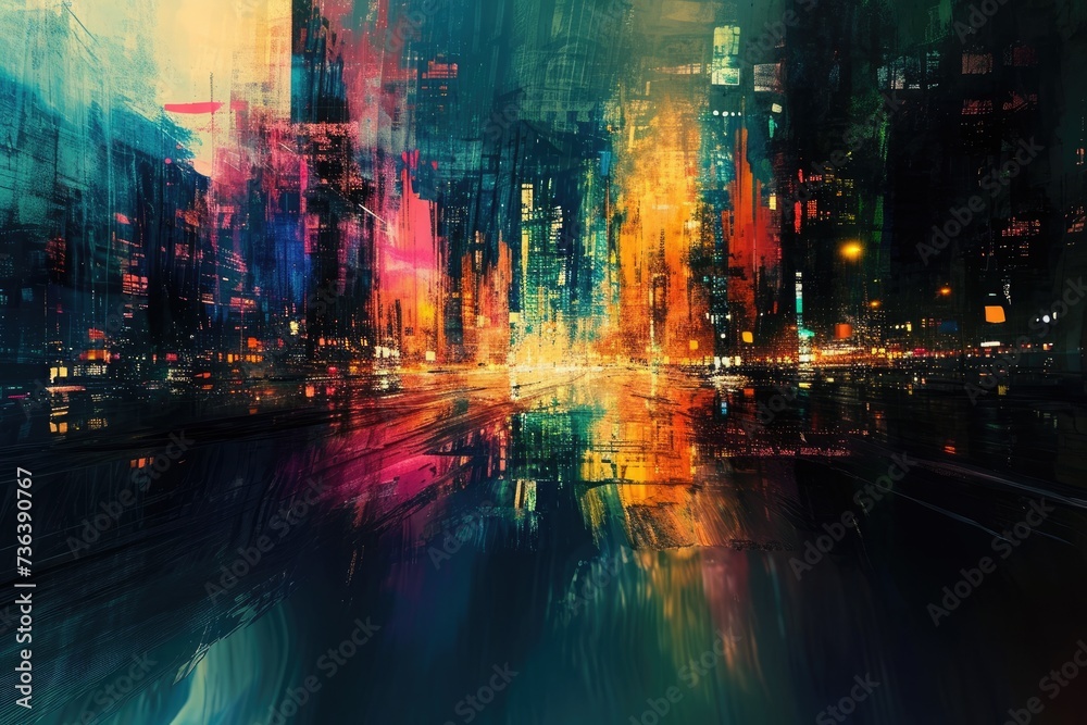 A Painting of a City Skyline With Brightly Lit Office Buildings and Reflections, An abstract melting pot of myriad colors reflecting a futuristic urban sprawl, AI Generated