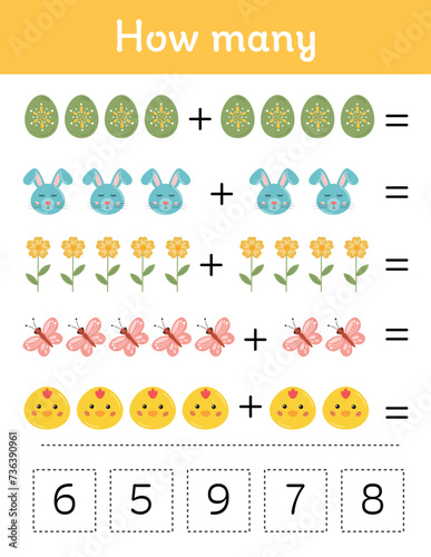 Easter printable educational math worksheet. Mathematic activities for kids. Educational games for preschool kindergarten. Learning math pages. Easter teacher resources. Counting, addition, page.