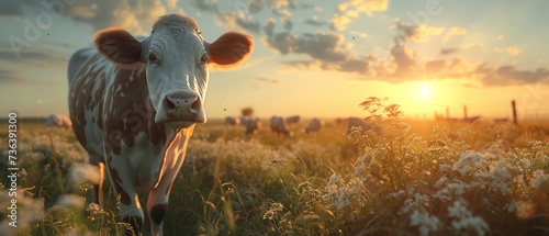 At dusk, a brown-speckled cow with its skull bowed stood on green, lush grass and space, Generative AI.