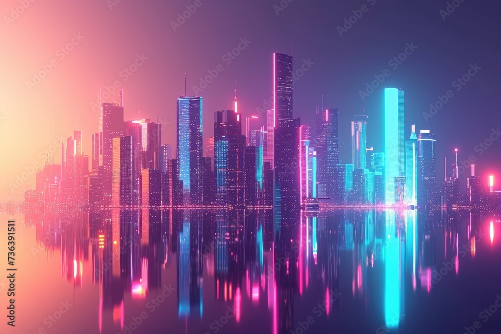 The photo captures an expansive urban area teeming with tall buildings and a vibrant cityscape, An abstract visualization of a future city skyline with neon colors, AI Generated