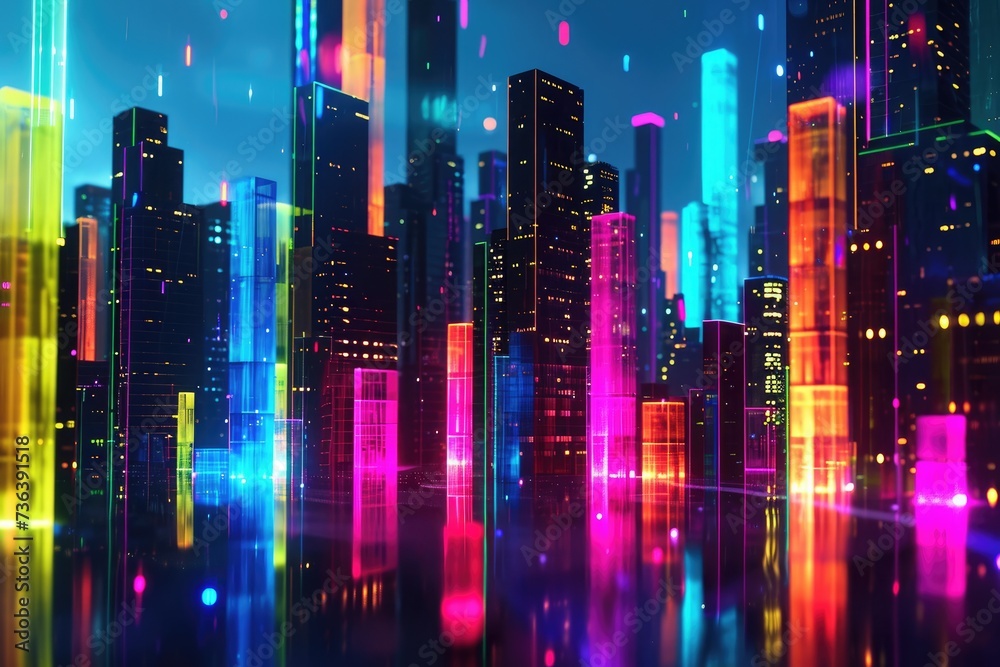 Futuristic City With Neon-Lit Skyscrapers, An abstract visualization of a future city skyline with neon colors, AI Generated