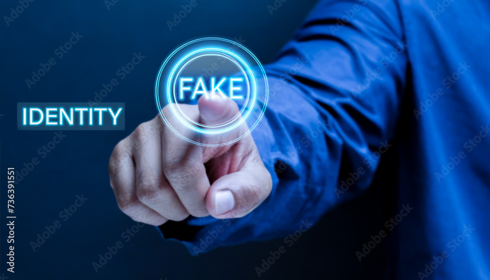 Close up of a hand pressing fake identity button. Identity fraud concept. Close up of a hand pressing fake identity button. Identity fraud concept.
