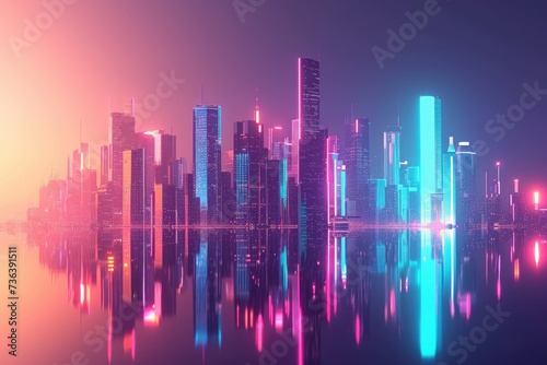 The photo captures an expansive urban area teeming with tall buildings and a vibrant cityscape  An abstract visualization of a future city skyline with neon colors  AI Generated