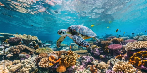 The Majestic Presence Of A Green Turtle In The Exquisite Great Barrier Reef. Сoncept Wildlife Conservation, Underwater Photography, Great Barrier Reef Ecosystem, Marine Biodiversity, Green Sea Turtle
