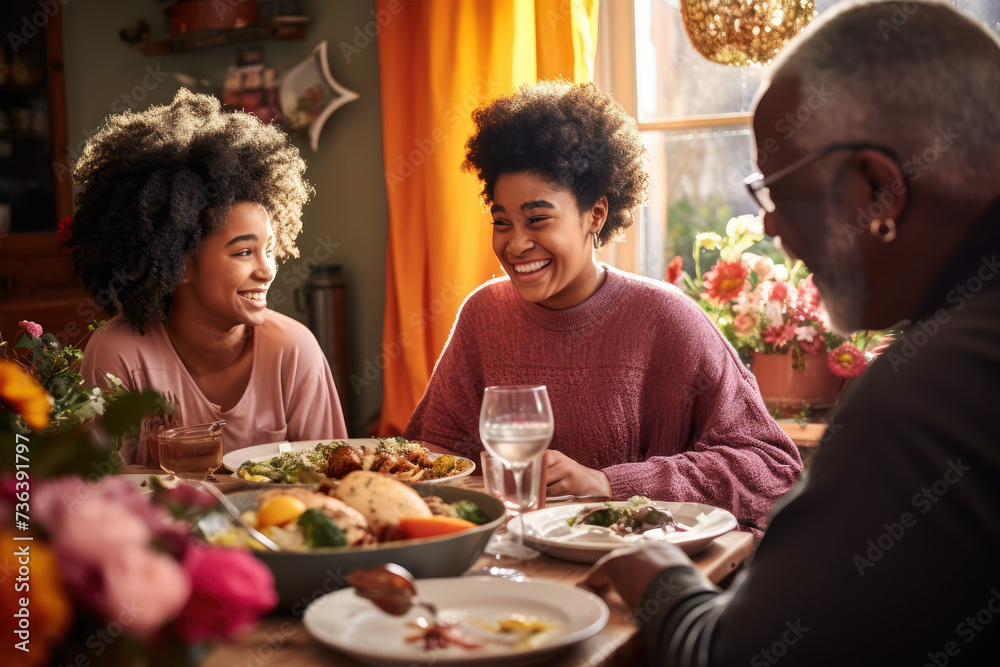 Afro-American family grandfather, grandchildren having breakfast lunch together. Spring time, easter, cosy kitchen dinning room. Happy together festive Sunday, cheerful atmosphere Copy space design
