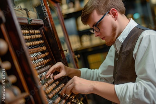 A man attentively observes an abacus, a traditional counting tool, in a shop, An accountant using an abacus in a classic setting, AI Generated