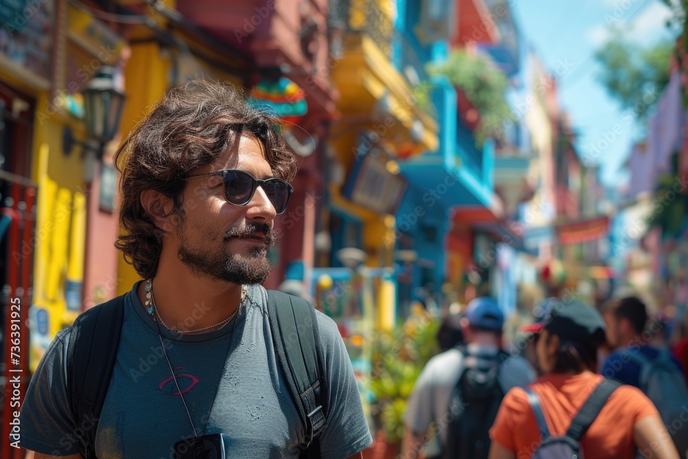 A man with sunglasses walks through a colorful street market.