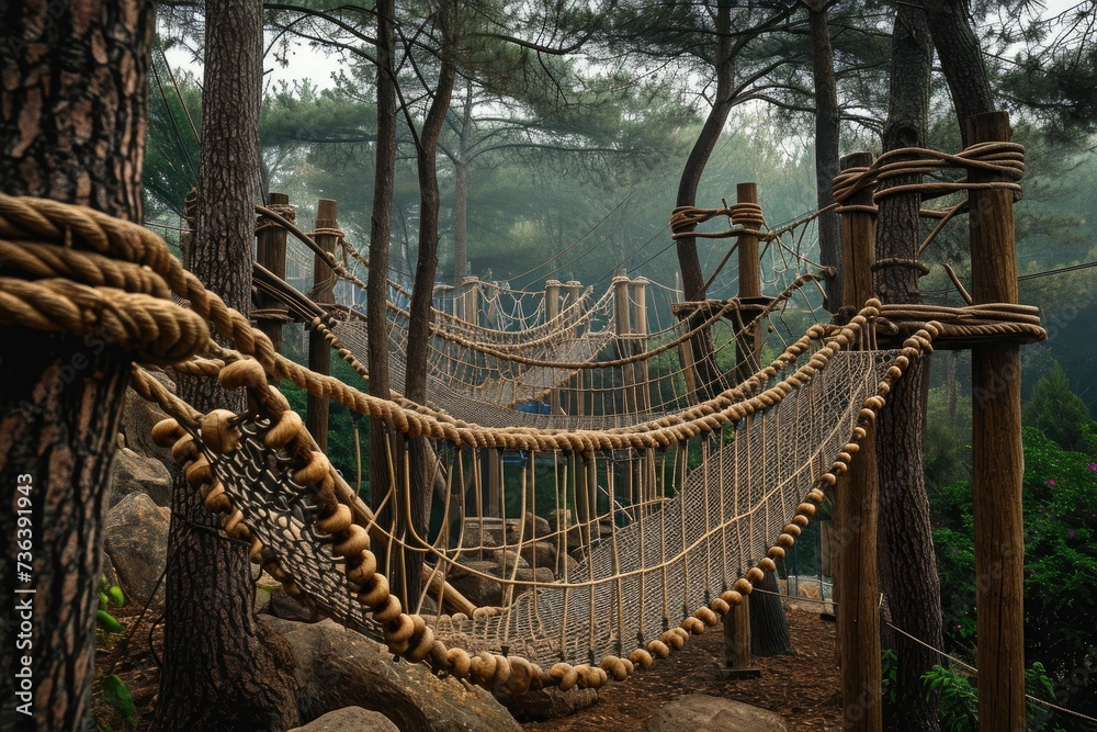 Fototapeta premium A sturdy and winding rope bridge suspends over the lush green canopy of a dense forest, An adventurous playground interconnected with rope bridges, AI Generated