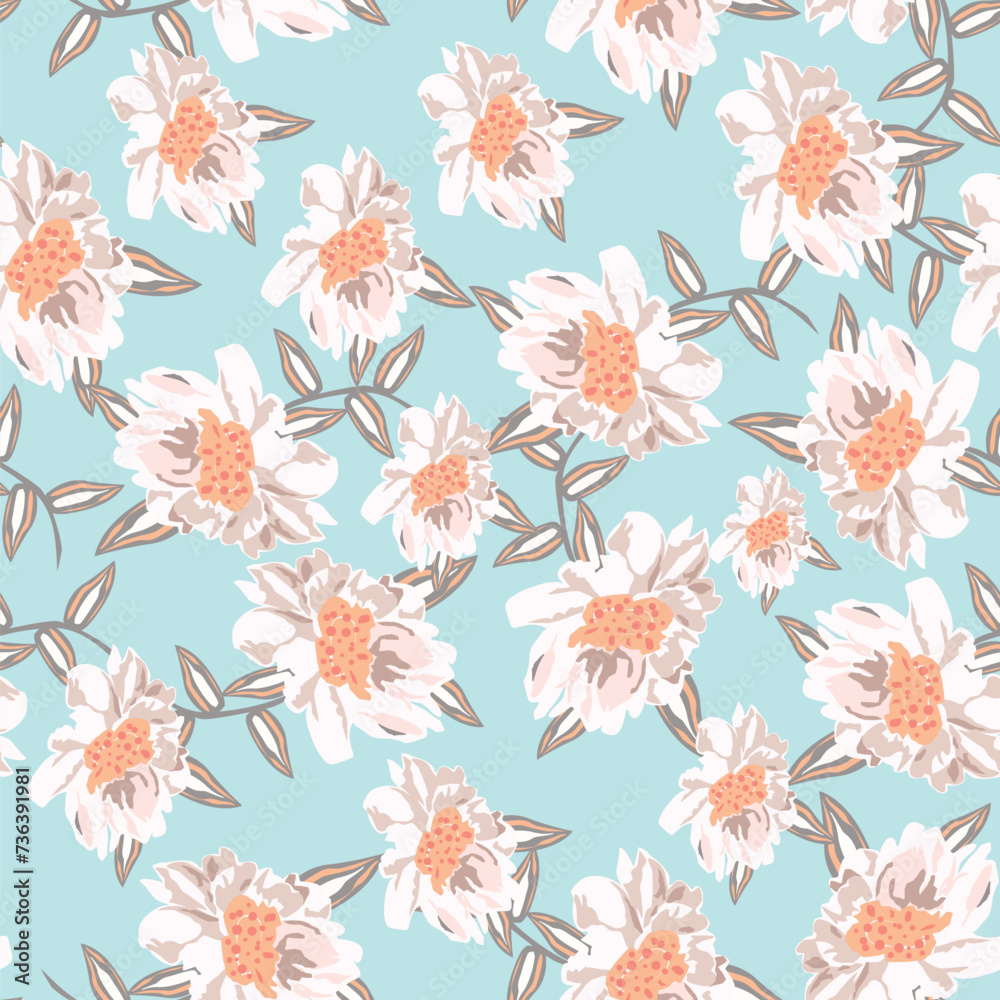 Hand drawn flowers, seamless patterns with floral for fabric, textiles, clothing, wrapping paper, cover, banner, interior decor, abstract backgrounds
