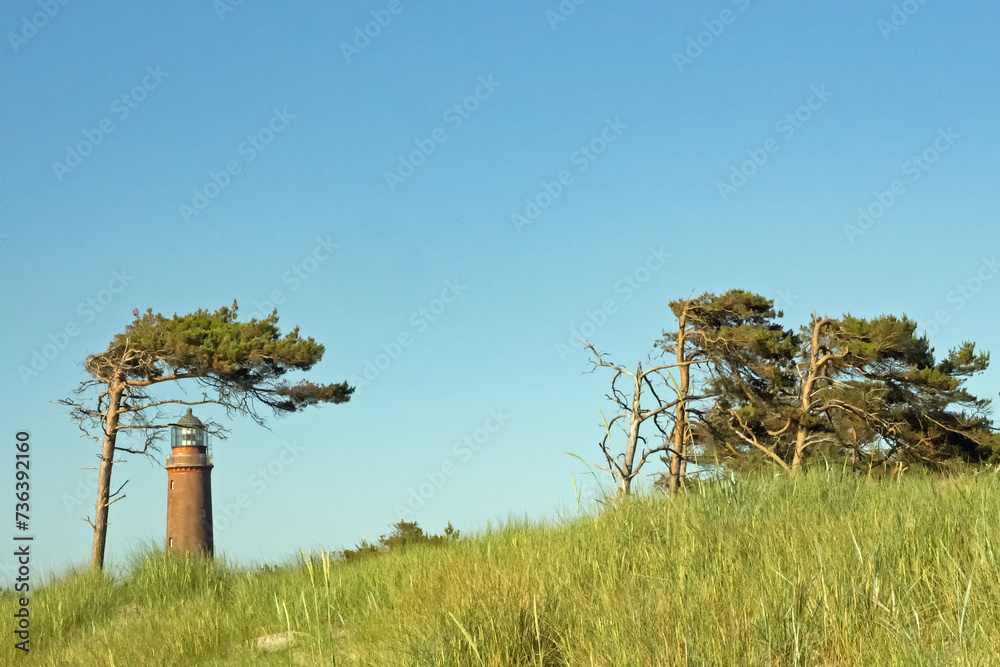 Obraz premium Außenaufnahme des historischen Leuchtturms Darßer Ort im Nationalpark Vorpommersche Boddenlandschaft, Deutschland