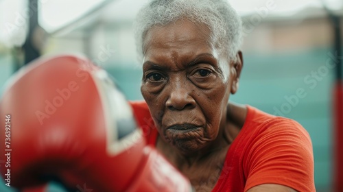 An elderly woman is wearing red boxing gloves in a boxing ring