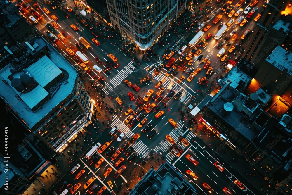 Aerial View of a Busy Cityscape With Illuminated Buildings and Cars at Night, An aerial shot of a bustling city during evening rush hour, AI Generated