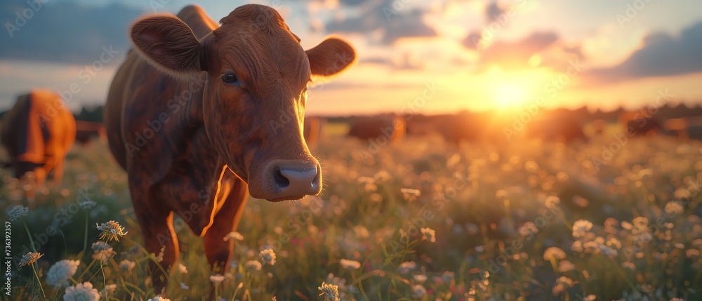 © Electric Wolf - At dusk, a brown-speckled cow with its skull bowed stood on green, lush grass and space, Generative AI. © Electric Wolf - At dusk, a brown-speckled cow with its skull bowed stood on green, lush grass and space, Generative AI.