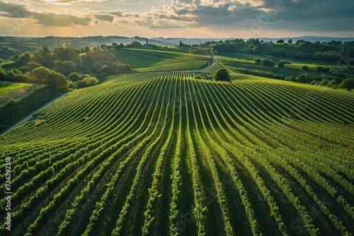 Aerial View of a Green Field With Trees and a Meandering River, An aerial perspective of an expansive vineyard, AI Generated