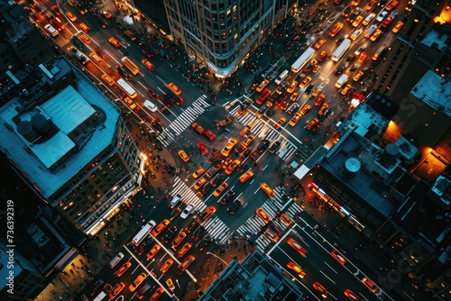 Aerial View of a Busy Cityscape With Illuminated Buildings and Cars at Night, An aerial shot of a bustling city during evening rush hour, AI Generated