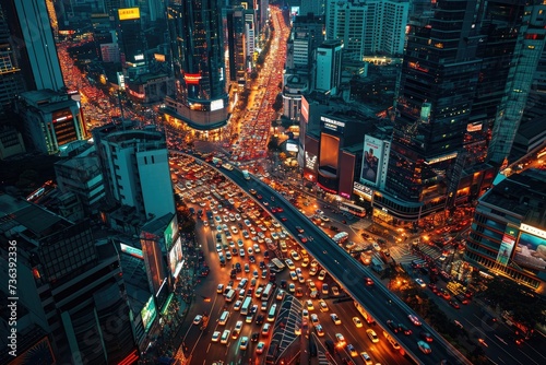 A photo capturing a crowded city street during peak traffic hours, bustling with cars, buses, and pedestrians, An aerial shot of a bustling city during evening rush hour, AI Generated