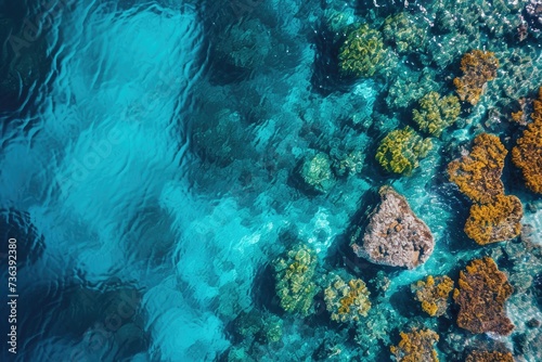Aerial View of a Vibrant Coral Reef in the Ocean, An aerial shot of a dense, colorful coral reef beneath crystal clear water, AI Generated