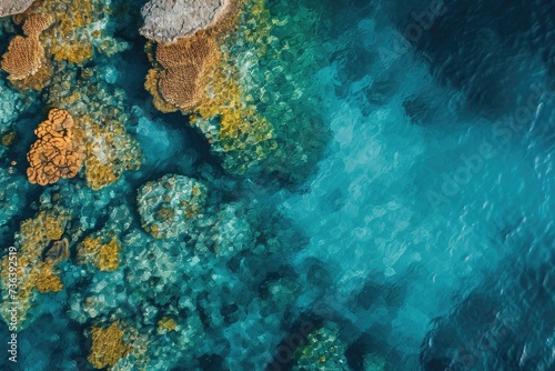 This aerial photograph captures the expansive ocean and rugged rocks along the coastline, An aerial shot of a dense, colorful coral reef beneath crystal clear water, AI Generated