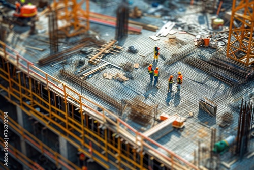 A group of construction workers stands on top of a building under construction, overlooking the city skyline, An aerial view of a bustling construction site, AI Generated