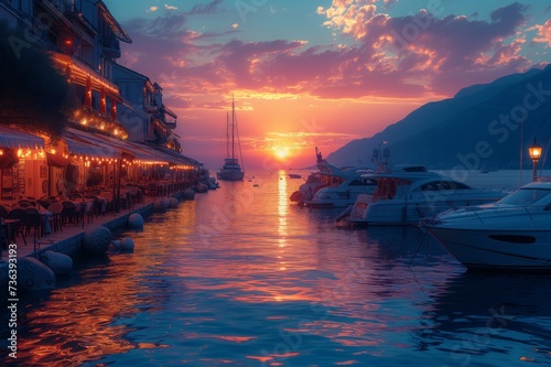 Romantic evening in harbor promenade yachts on sea with sunset in summer day