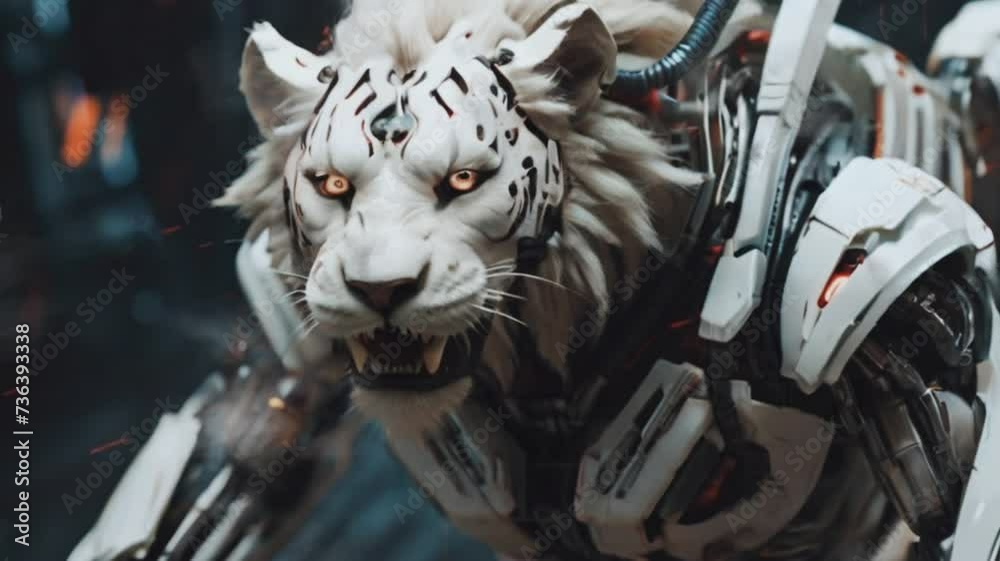 Cybertech wild white lion attacking. cartoon illustration style. 4k animation video. Cybertech wild white lion attacking. cartoon illustration style. 4k animation video.